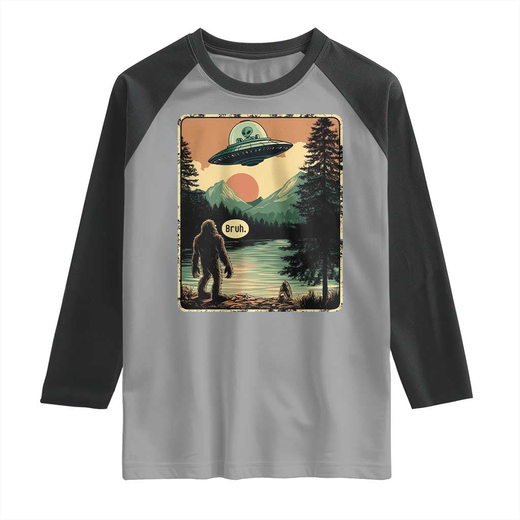 Funny Bigfoot Sasquatch Alien Spaceship UFO Introvert Bruh Raglan Shirt TS11 Sport Gray Black Print Your Wear
