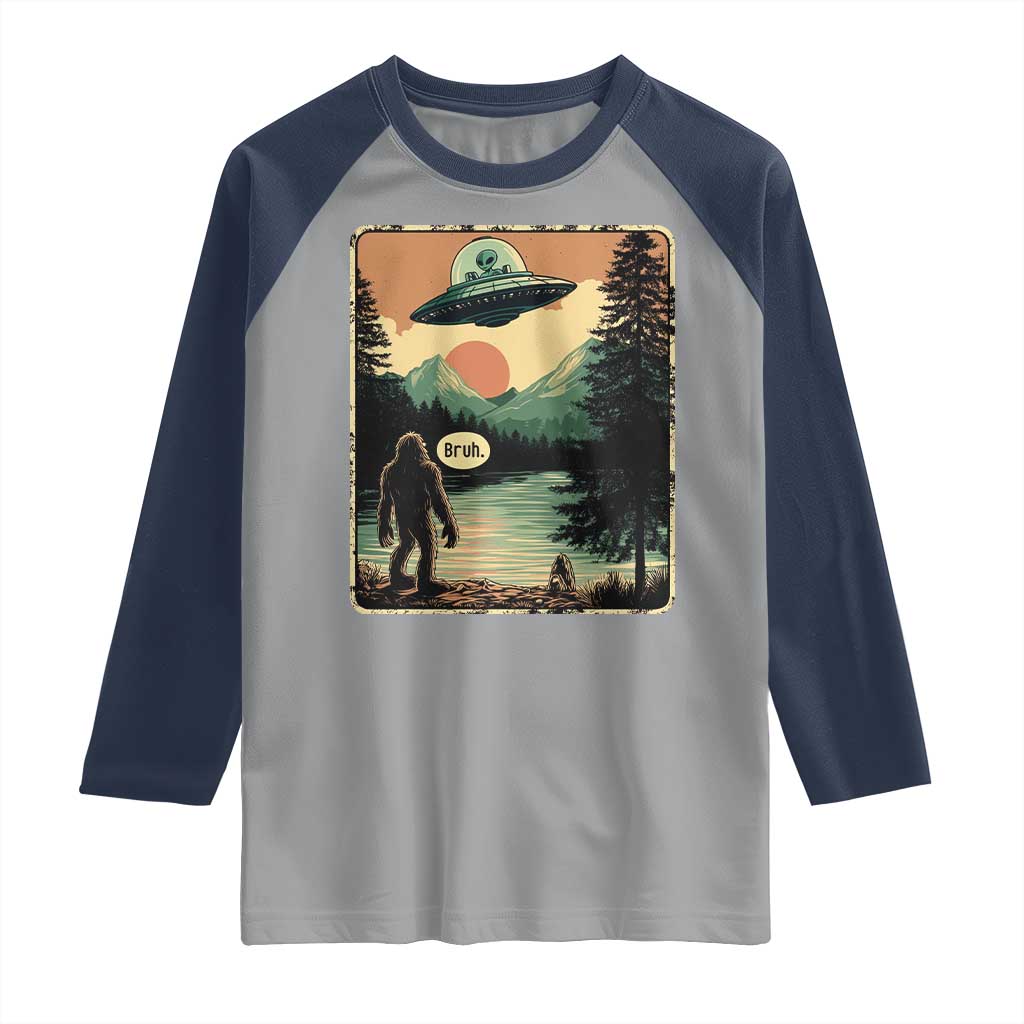 Funny Bigfoot Sasquatch Alien Spaceship UFO Introvert Bruh Raglan Shirt TS11 Sport Gray Navy Print Your Wear