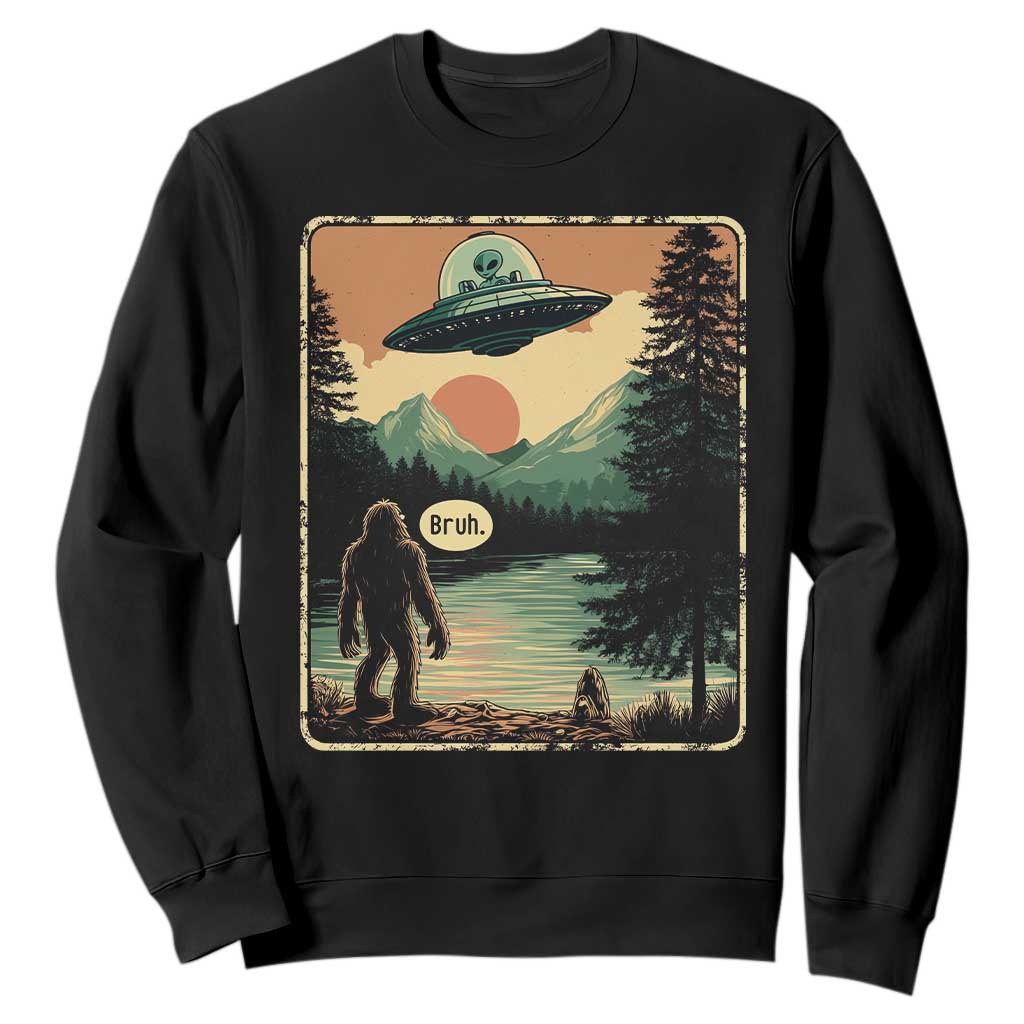 Funny Bigfoot Sasquatch Alien Spaceship UFO Introvert Bruh Sweatshirt TS11 Black Print Your Wear