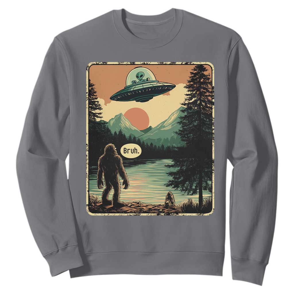 Funny Bigfoot Sasquatch Alien Spaceship UFO Introvert Bruh Sweatshirt TS11 Charcoal Print Your Wear