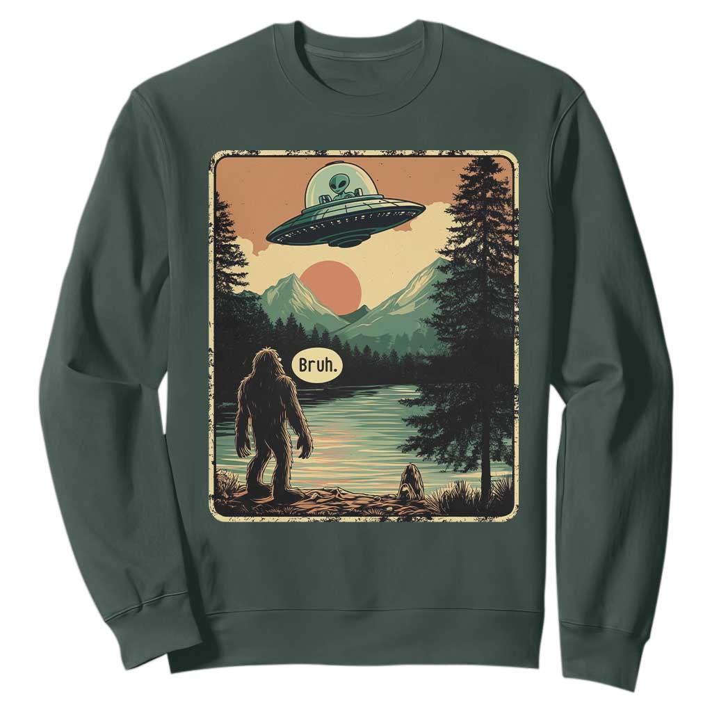 Funny Bigfoot Sasquatch Alien Spaceship UFO Introvert Bruh Sweatshirt TS11 Dark Forest Green Print Your Wear