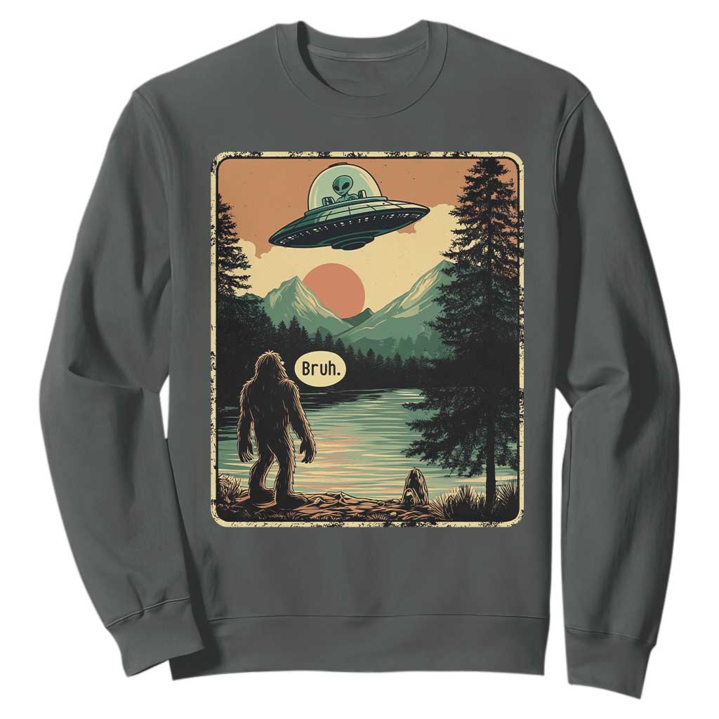 Funny Bigfoot Sasquatch Alien Spaceship UFO Introvert Bruh Sweatshirt TS11 Dark Heather Print Your Wear