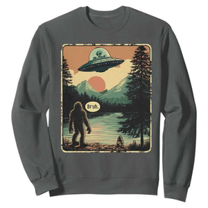 Funny Bigfoot Sasquatch Alien Spaceship UFO Introvert Bruh Sweatshirt TS11 Dark Heather Print Your Wear