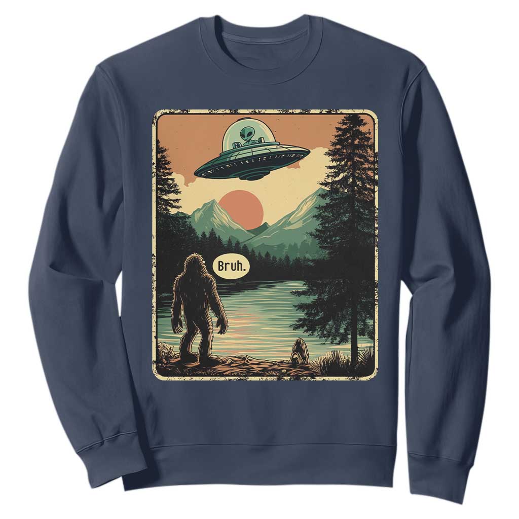 Funny Bigfoot Sasquatch Alien Spaceship UFO Introvert Bruh Sweatshirt TS11 Navy Print Your Wear