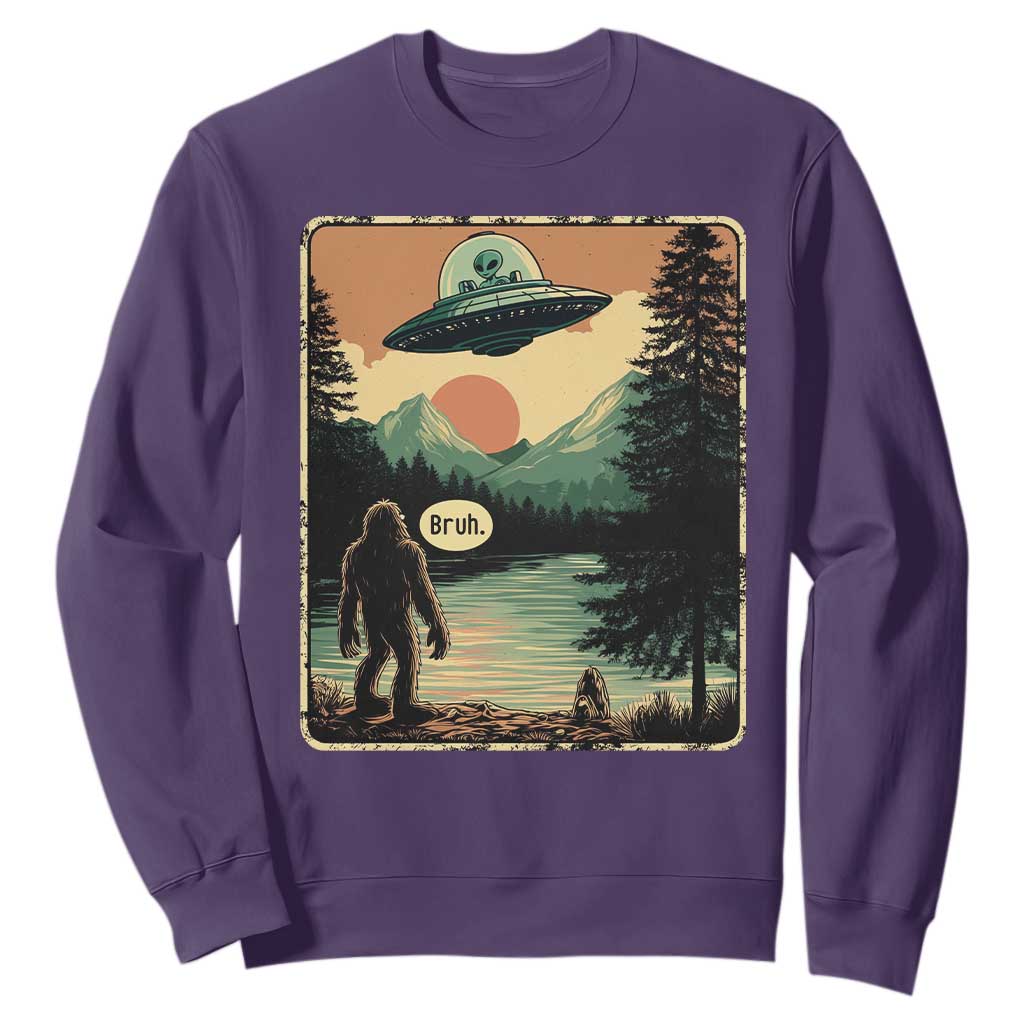 Funny Bigfoot Sasquatch Alien Spaceship UFO Introvert Bruh Sweatshirt TS11 Purple Print Your Wear