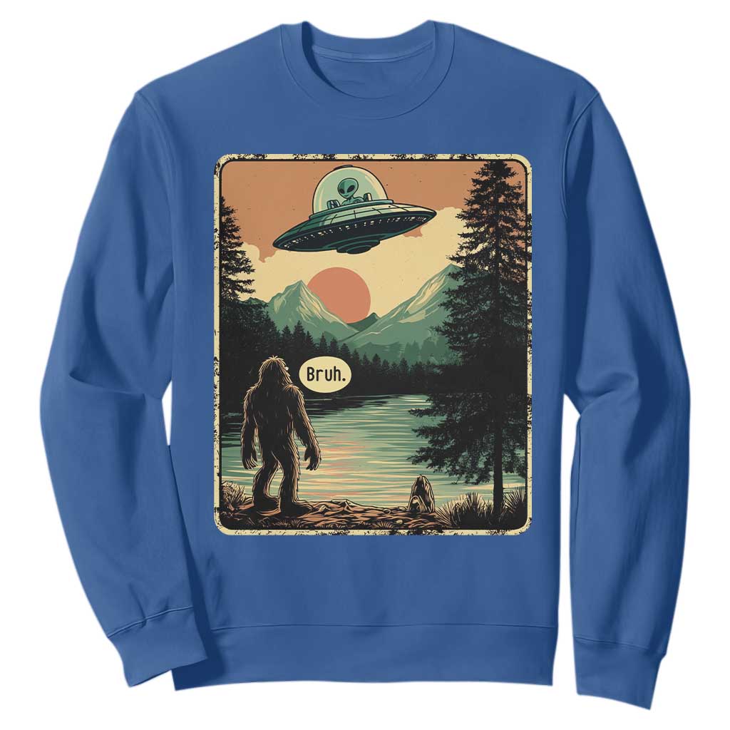 Funny Bigfoot Sasquatch Alien Spaceship UFO Introvert Bruh Sweatshirt TS11 Royal Blue Print Your Wear