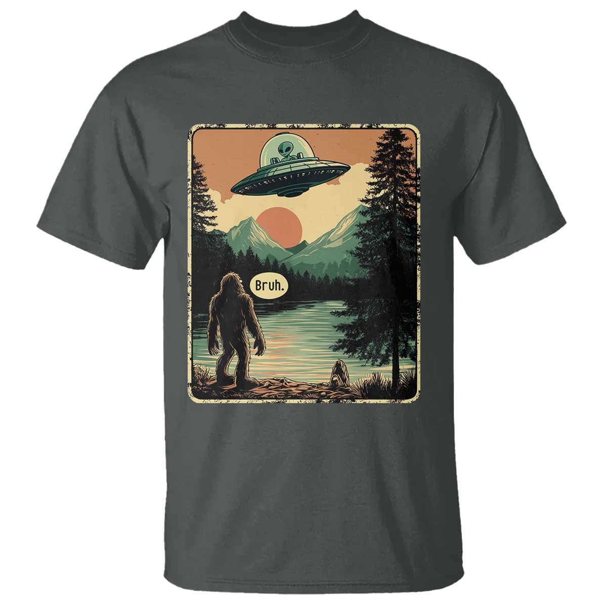 Funny Bigfoot Sasquatch Alien Spaceship UFO Introvert Bruh T Shirt TS11 Dark Heather Print Your Wear