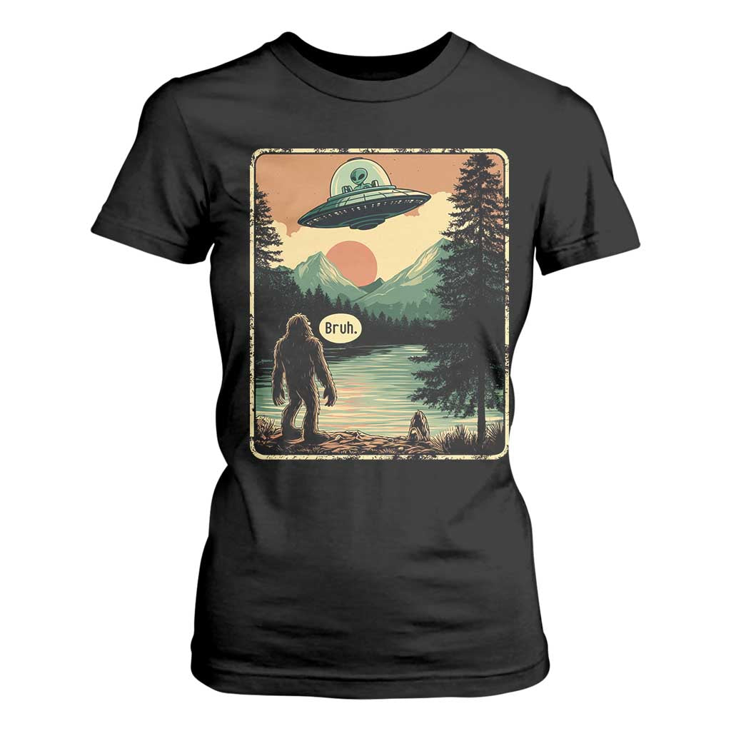 Funny Bigfoot Sasquatch Alien Spaceship UFO Introvert Bruh T Shirt For Women TS11 Black Print Your Wear