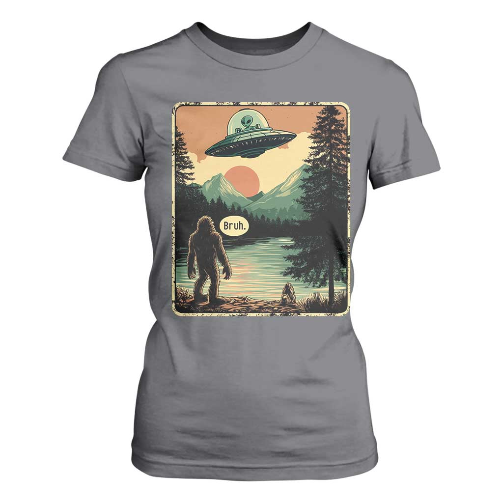 Funny Bigfoot Sasquatch Alien Spaceship UFO Introvert Bruh T Shirt For Women TS11 Charcoal Print Your Wear