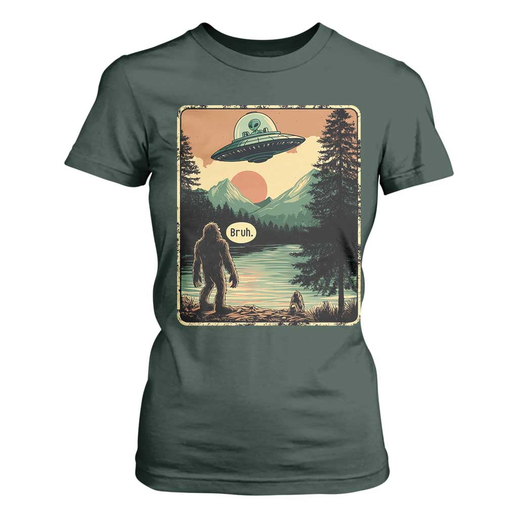 Funny Bigfoot Sasquatch Alien Spaceship UFO Introvert Bruh T Shirt For Women TS11 Dark Forest Green Print Your Wear
