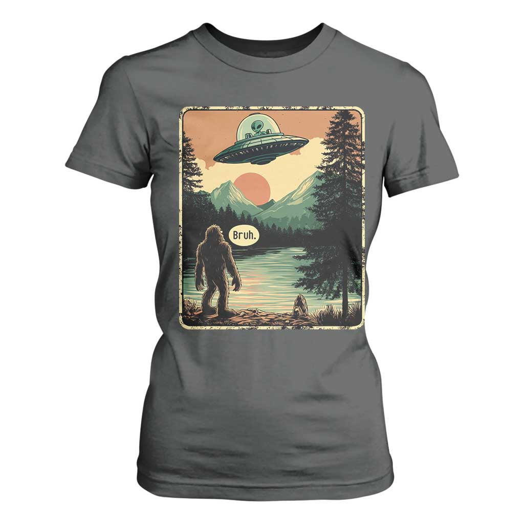 Funny Bigfoot Sasquatch Alien Spaceship UFO Introvert Bruh T Shirt For Women TS11 Dark Heather Print Your Wear
