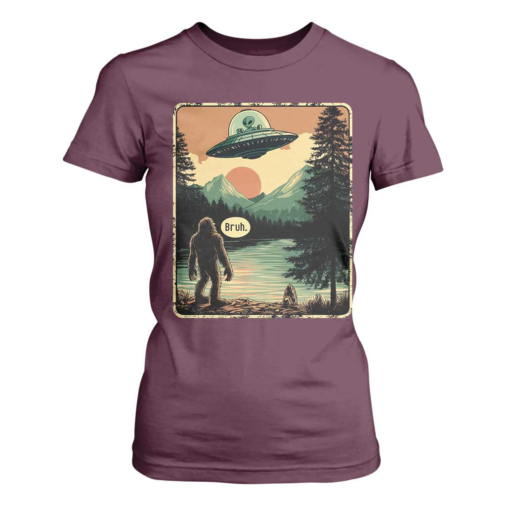 Funny Bigfoot Sasquatch Alien Spaceship UFO Introvert Bruh T Shirt For Women TS11 Maroon Print Your Wear