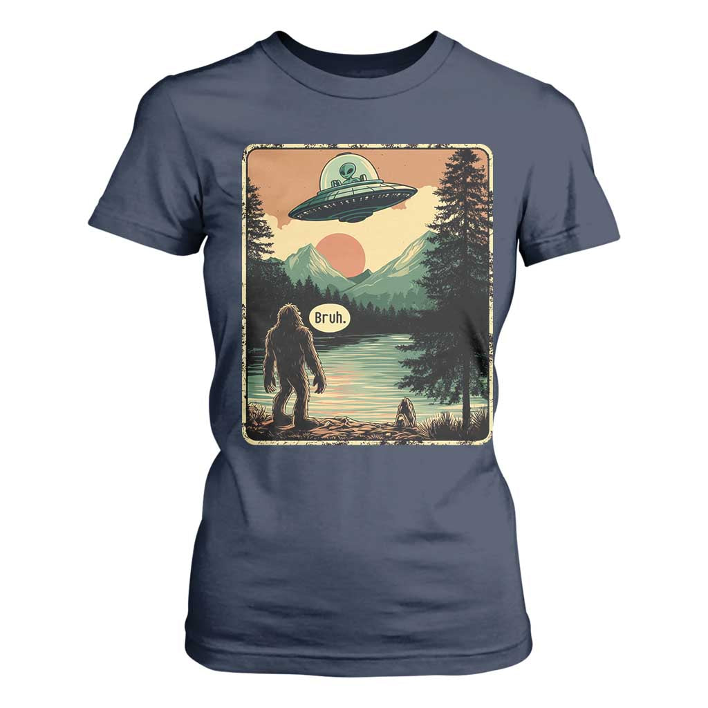 Funny Bigfoot Sasquatch Alien Spaceship UFO Introvert Bruh T Shirt For Women TS11 Navy Print Your Wear