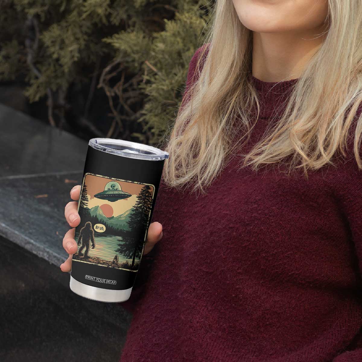 Funny Bigfoot Sasquatch Alien Spaceship UFO Introvert Bruh Tumbler Cup TS11 Print Your Wear