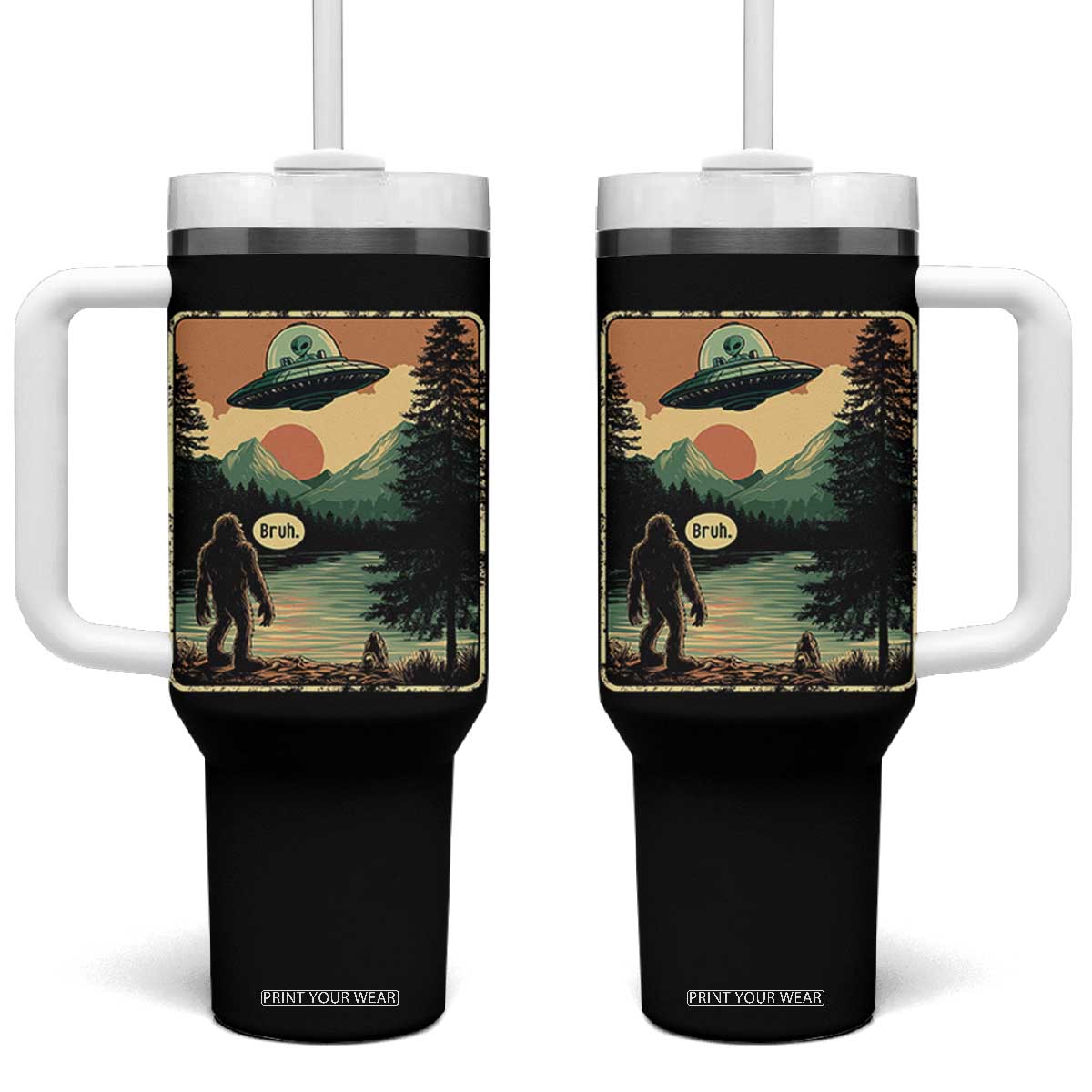 Funny Bigfoot Sasquatch Alien Spaceship UFO Introvert Bruh Tumbler With Handle TS11 One Size: 40 oz Black Print Your Wear
