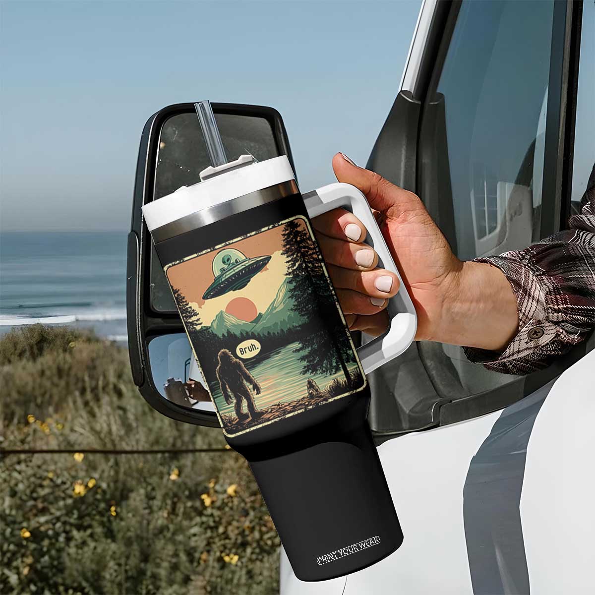 Funny Bigfoot Sasquatch Alien Spaceship UFO Introvert Bruh Tumbler With Handle TS11 Print Your Wear