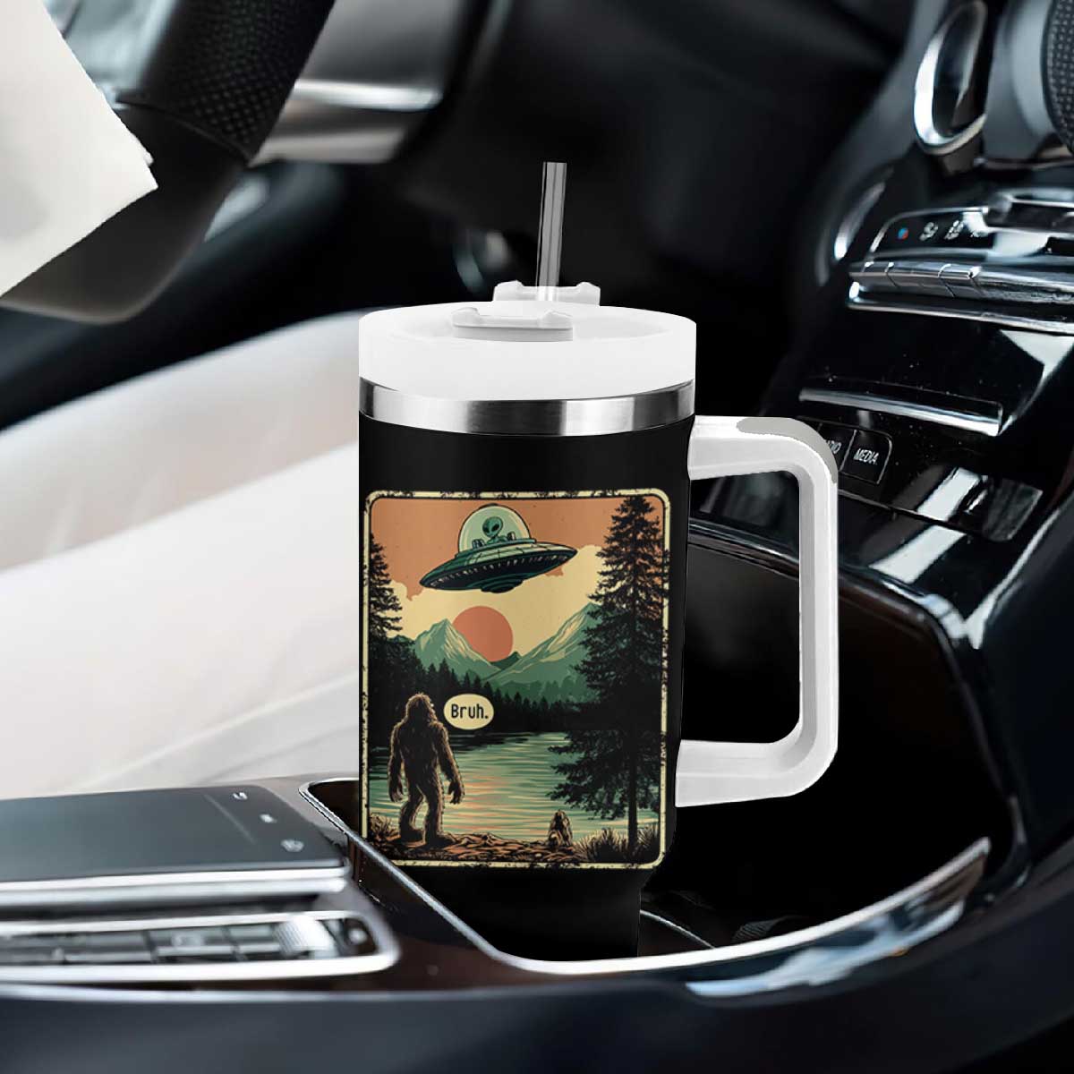 Funny Bigfoot Sasquatch Alien Spaceship UFO Introvert Bruh Tumbler With Handle TS11 Print Your Wear