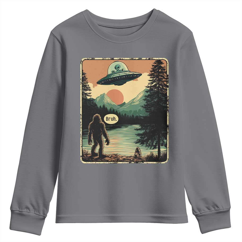 Funny Bigfoot Sasquatch Alien Spaceship UFO Introvert Bruh Youth Sweatshirt TS11 Charcoal Print Your Wear