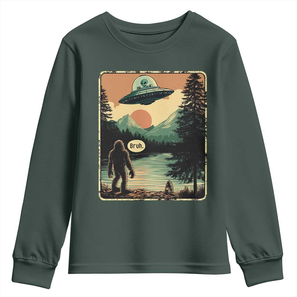 Funny Bigfoot Sasquatch Alien Spaceship UFO Introvert Bruh Youth Sweatshirt TS11 Dark Forest Green Print Your Wear