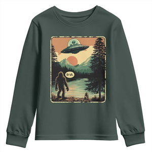 Funny Bigfoot Sasquatch Alien Spaceship UFO Introvert Bruh Youth Sweatshirt TS11 Dark Forest Green Print Your Wear