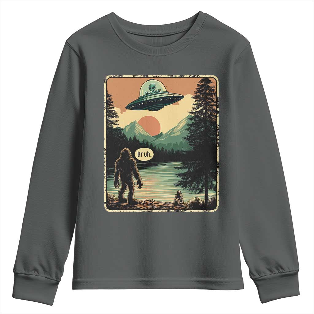 Funny Bigfoot Sasquatch Alien Spaceship UFO Introvert Bruh Youth Sweatshirt TS11 Dark Heather Print Your Wear