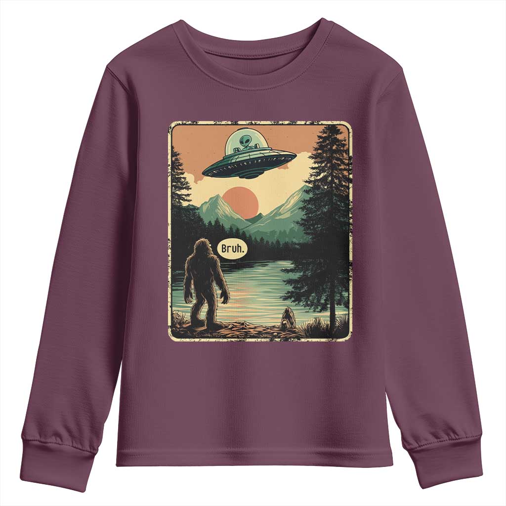 Funny Bigfoot Sasquatch Alien Spaceship UFO Introvert Bruh Youth Sweatshirt TS11 Maroon Print Your Wear