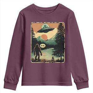 Funny Bigfoot Sasquatch Alien Spaceship UFO Introvert Bruh Youth Sweatshirt TS11 Maroon Print Your Wear