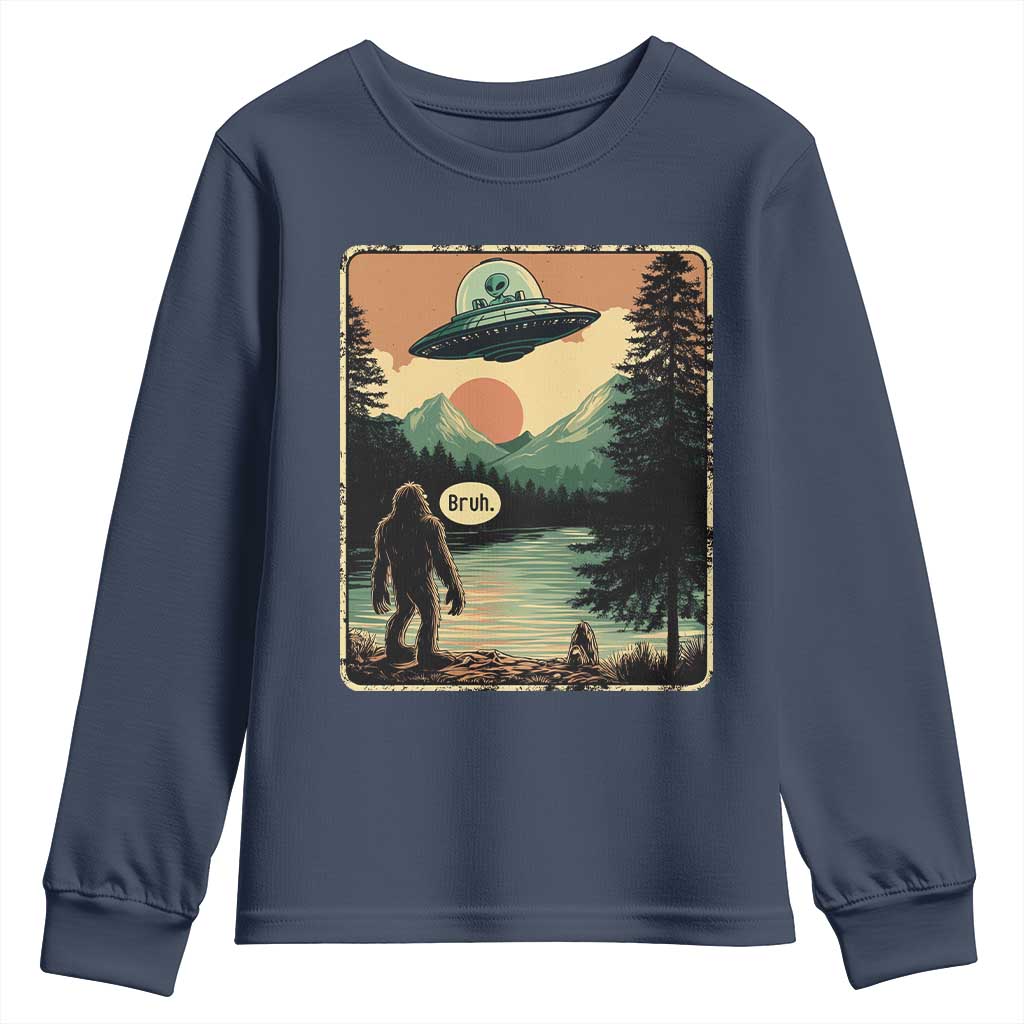 Funny Bigfoot Sasquatch Alien Spaceship UFO Introvert Bruh Youth Sweatshirt TS11 Navy Print Your Wear
