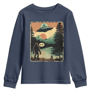 Funny Bigfoot Sasquatch Alien Spaceship UFO Introvert Bruh Youth Sweatshirt TS11 Navy Print Your Wear