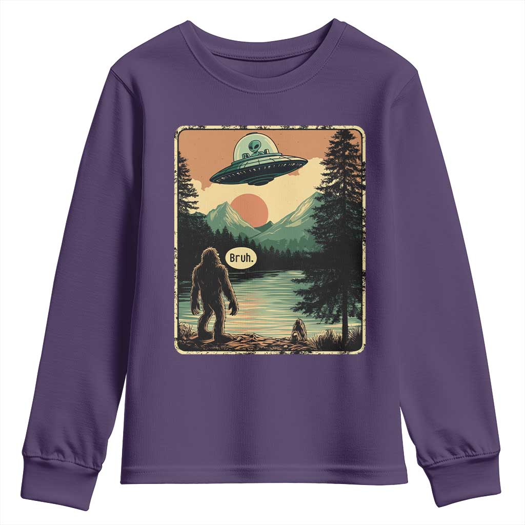 Funny Bigfoot Sasquatch Alien Spaceship UFO Introvert Bruh Youth Sweatshirt TS11 Purple Print Your Wear