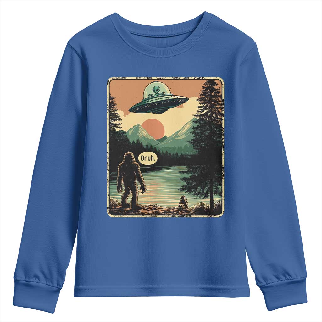 Funny Bigfoot Sasquatch Alien Spaceship UFO Introvert Bruh Youth Sweatshirt TS11 Royal Blue Print Your Wear