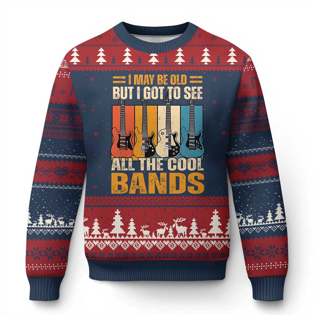 Funny I May Be Old But I Got To See All The Cool Bands Ugly Christmas Sweater Guitar TS11 Navy Red Print Your Wear