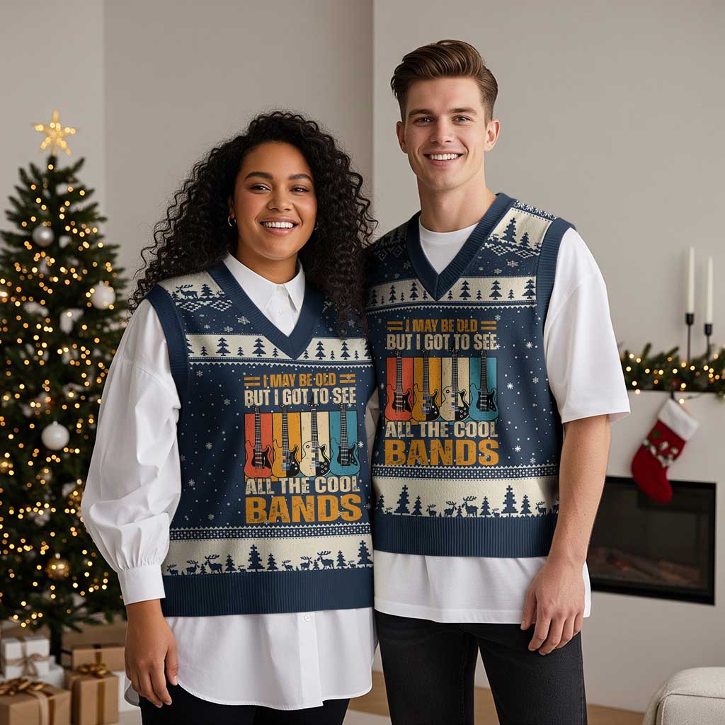 Funny I May Be Old But I Got To See All The Cool Bands V-Neck Knit Sweater Vest Guitar TS11 Navy Beige Print Your Wear