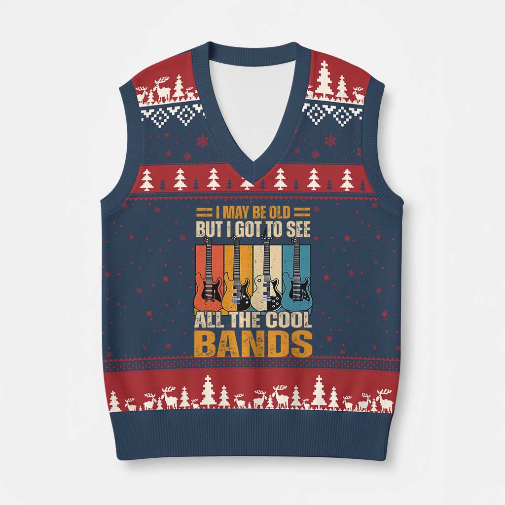 Funny I May Be Old But I Got To See All The Cool Bands V-Neck Knit Sweater Vest Guitar TS11 Navy Red Print Your Wear