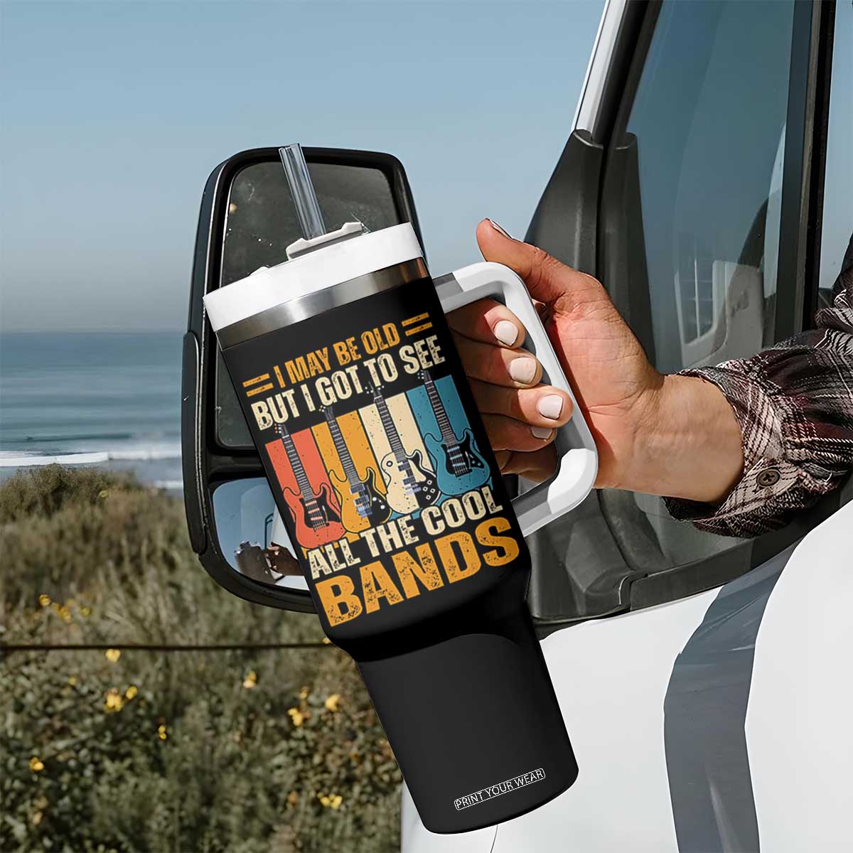 Funny I May Be Old But I Got To See All The Cool Bands Tumbler With Handle Guitar TS11 Print Your Wear