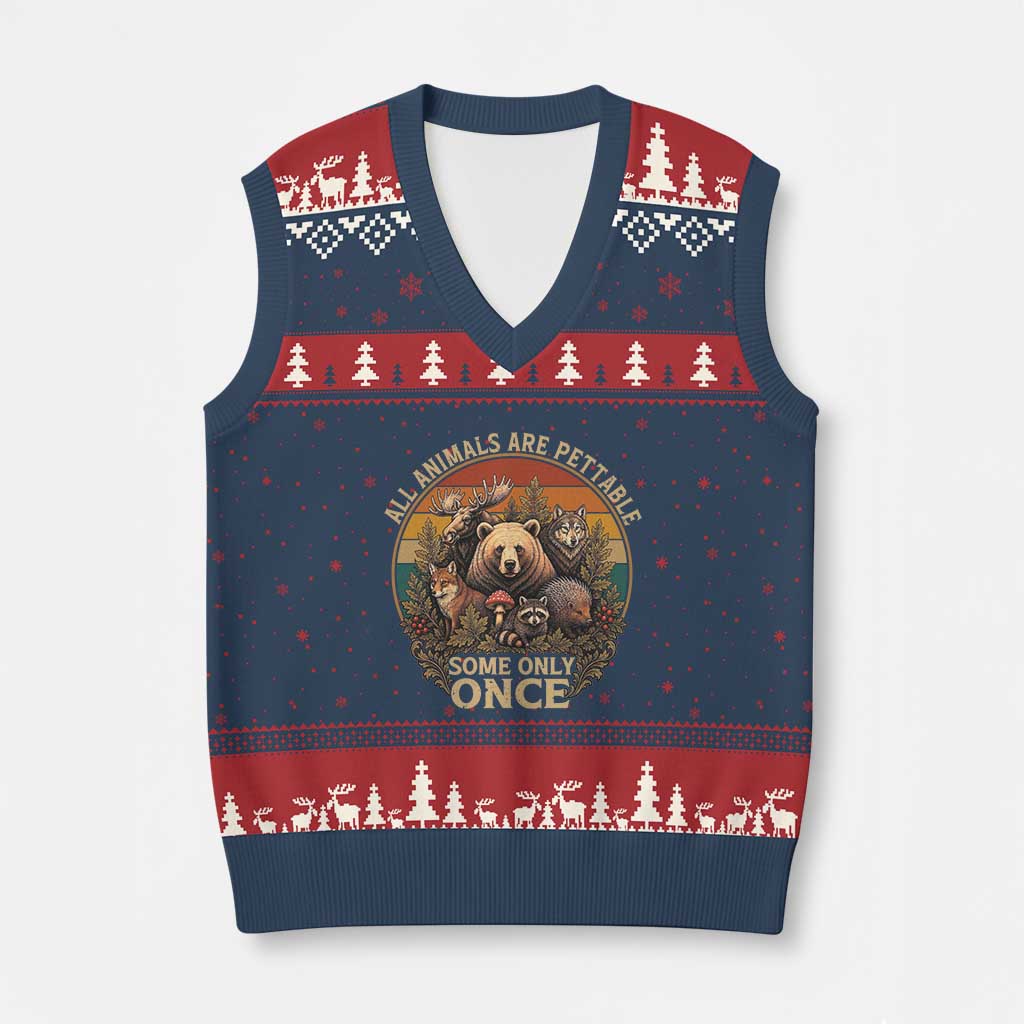 All Animals Are Pettable Some Only Once V-Neck Knit Sweater Vest Retro Wild Animals TS11 Navy Red Print Your Wear
