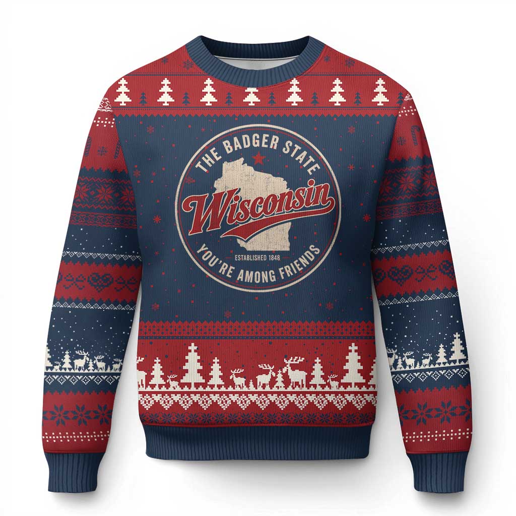 Wisconsin The Badger State Ugly Christmas Sweater You're Among Friends Retro WI State