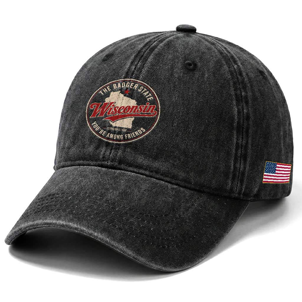 Wisconsin The Badger State Washed Cotton Baseball Cap You're Among Friends Retro WI State