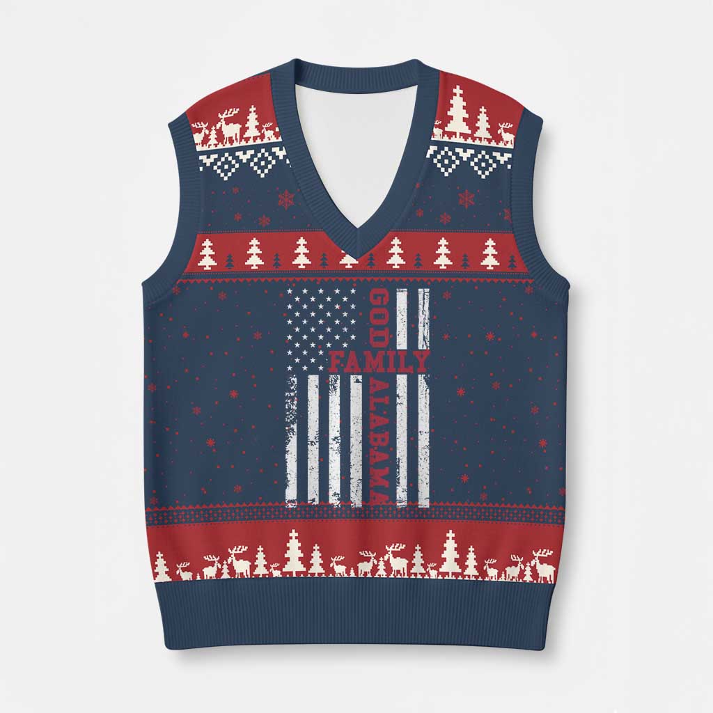 God Family Alabama V-Neck Knit Sweater Vest AL Game Day Christian American Flag