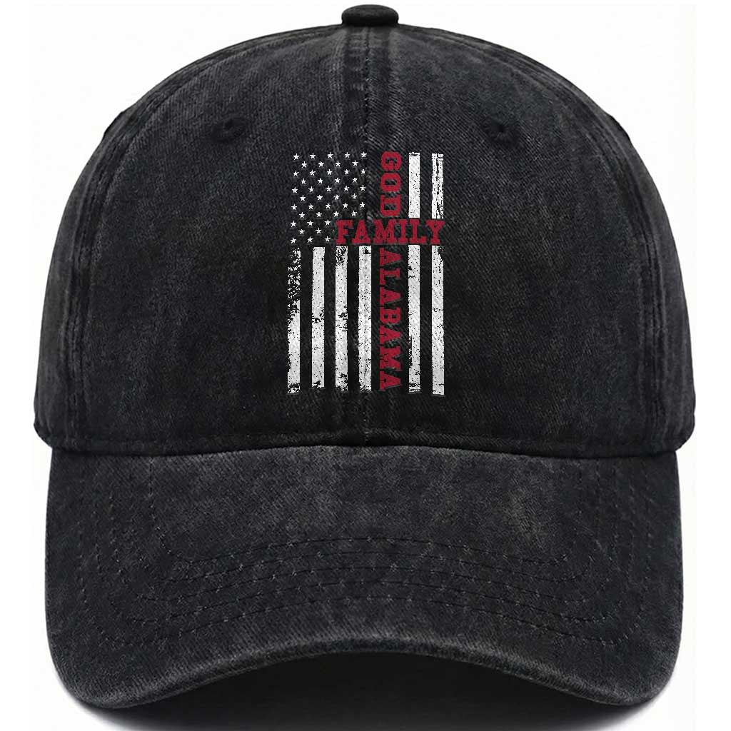 God Family Alabama Washed Cotton Baseball Cap AL Game Day Christian American Flag TS11 Print Your Wear