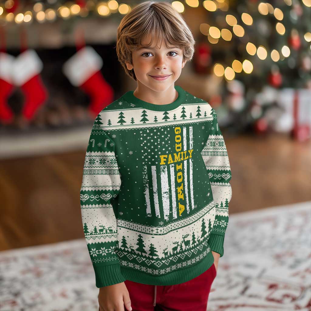 God Family Iowa Ugly Christmas Sweater IA State Game Day Christian American Flag