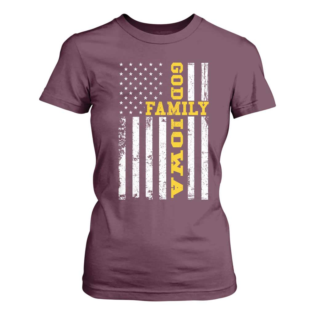 God Family Iowa T Shirt For Women IA State Game Day Christian American Flag