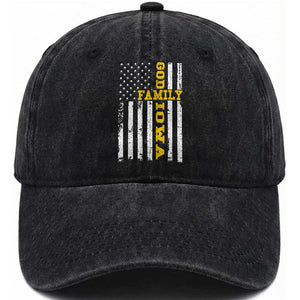God Family Iowa Washed Cotton Baseball Cap IA State Game Day Christian American Flag