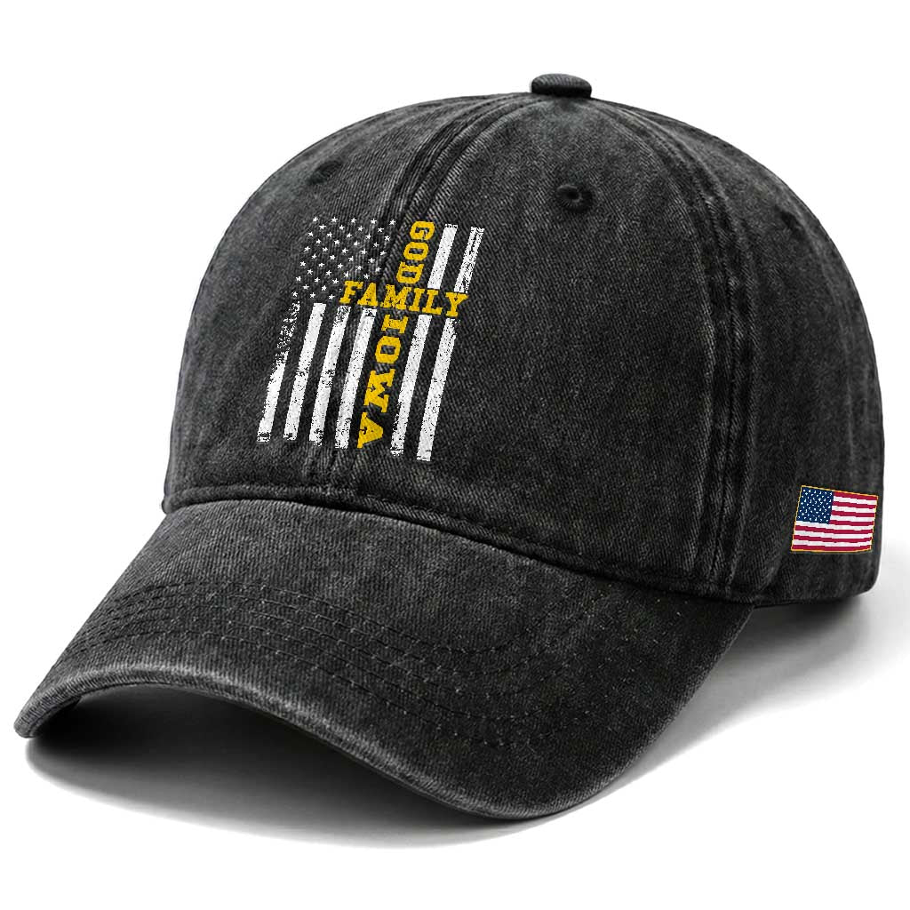 God Family Iowa Washed Cotton Baseball Cap IA State Game Day Christian American Flag
