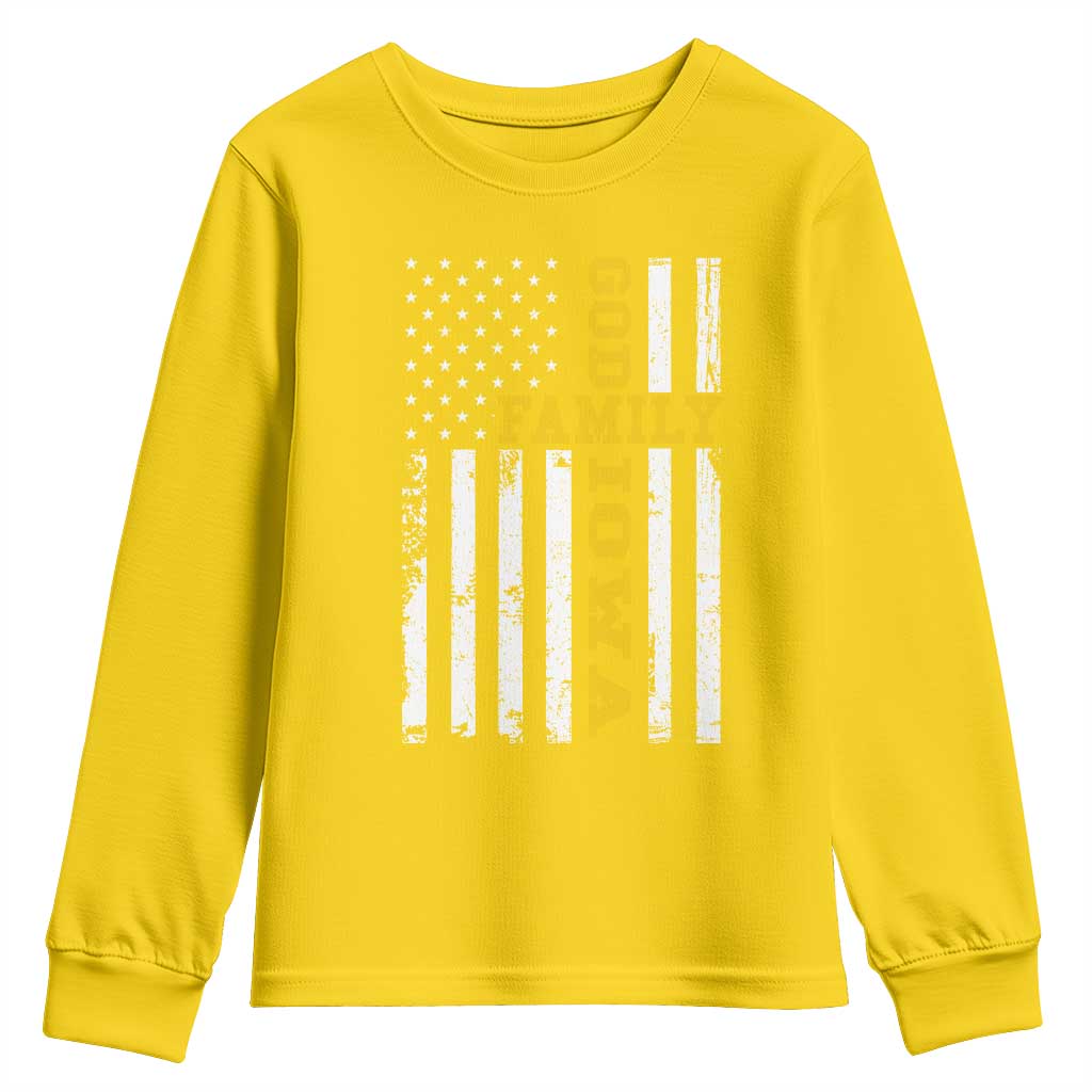 God Family Iowa Youth Sweatshirt IA State Game Day Christian American Flag