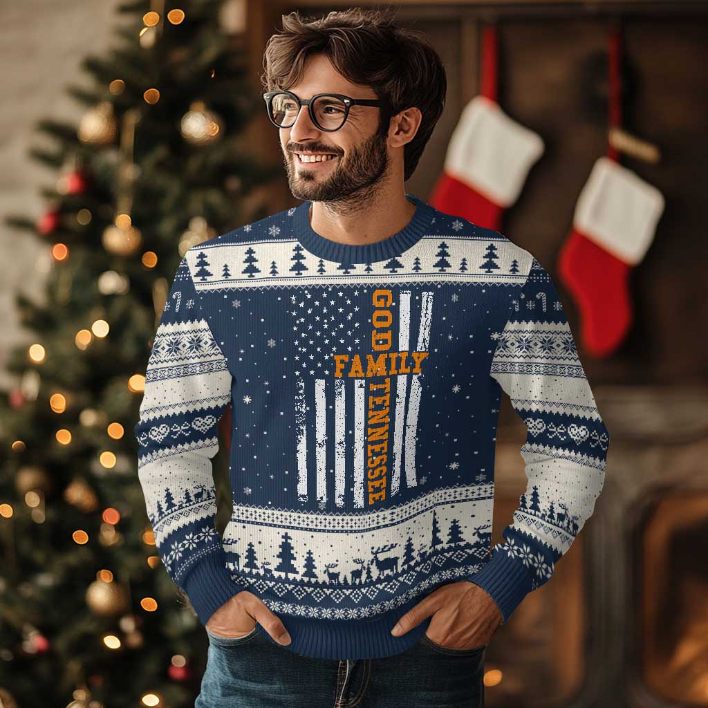God Family Tennessee Ugly Christmas Sweater TN Game Day Christian American Flag