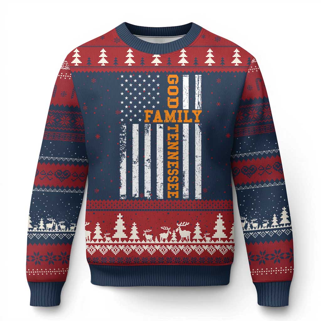 God Family Tennessee Ugly Christmas Sweater TN Game Day Christian American Flag