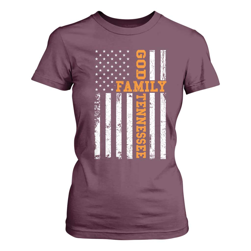 God Family Tennessee T Shirt For Women TN Game Day Christian American Flag