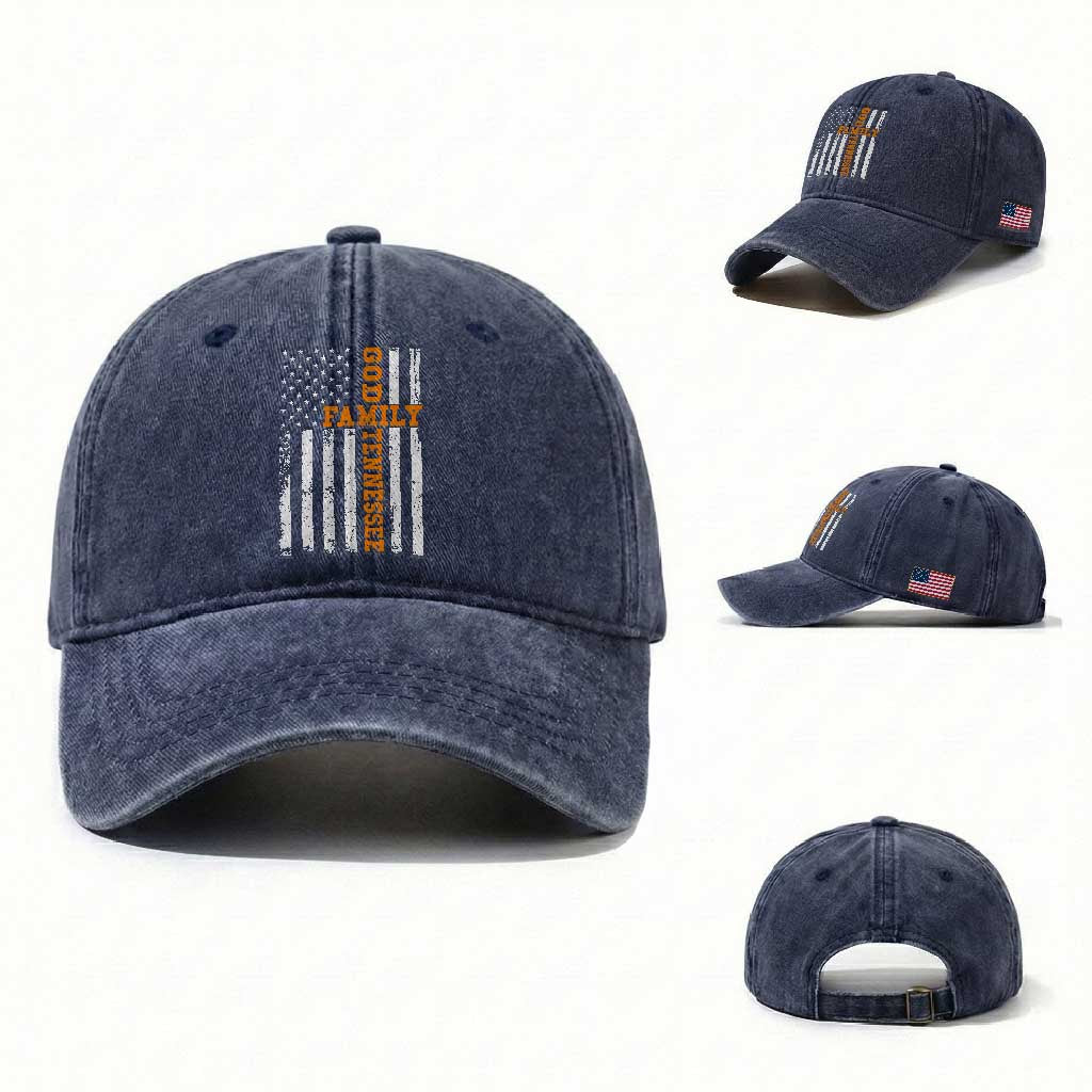God Family Tennessee Washed Cotton Baseball Cap TN Game Day Christian American Flag
