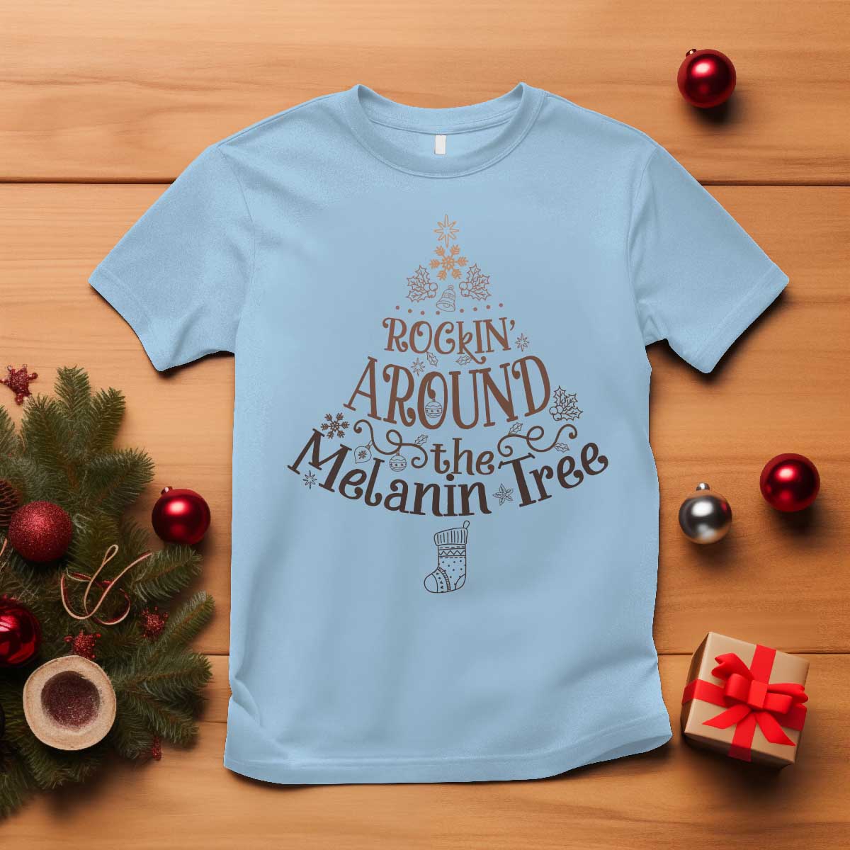 Christmas African American T Shirt Rockin' Around The Melanin Tree Xmas TS11 Light Blue Print Your Wear